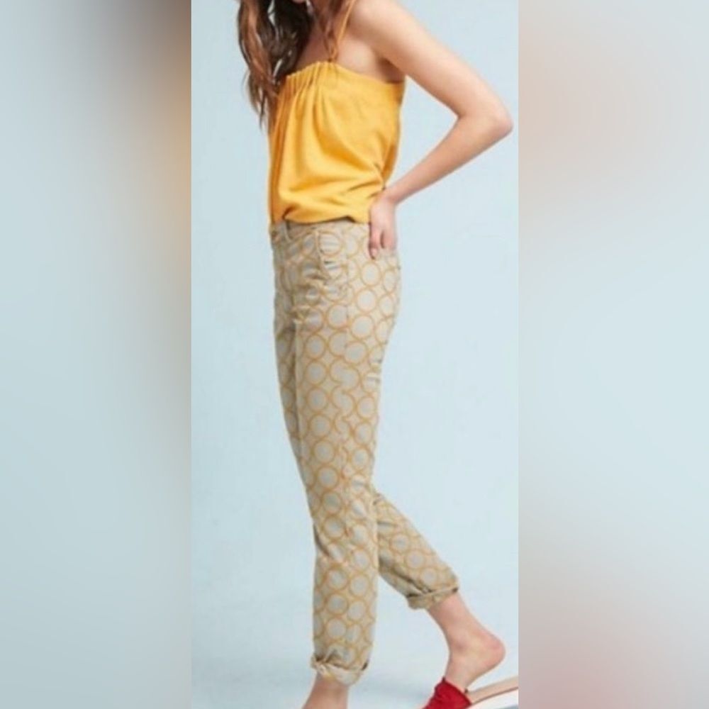 Anthropologie Chino khaki & gold embroidered relaxed pants